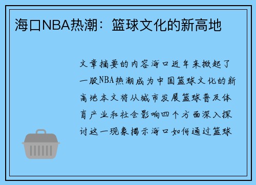 海口NBA热潮：篮球文化的新高地